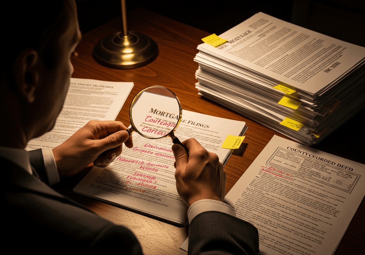 Brian Steele examining mortgage filings under a desk lamp